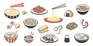 Doodle Asian food. Chinese noodles soup meat slices and sauces. Vector vintage sketch of Eastern cuisine with food