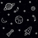 Doodle seamless pattern with space elements. Stars, planets, comet, moon, rocket, shooting stars on the dark night background. royalty free illustration Doodle seamless pattern with space elements. Stars, planets, comet, moon, rocket, shooting stars on the dark night background. royalty free illustration