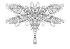 Doodles design of dragonfly for tattoo, design element, T-Shirt graphic and adult coloring book pages - Stock