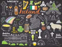 Doodles эскиза Ирландии Вручите вычерченный ирландский комплект элементов с флагом и картой Ирландии, кельтского креста, замка, S иллюстрация вектора Doodles эскиза Ирландии Вручите вычерченный ирландский комплект элементов с флагом и картой Ирландии, кельтского креста, замка, S иллюстрация вектора