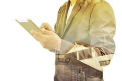 Doppelbelichtung des Geschäftsmannes und des Gebäudes mit Radioantenne lizenzfreies stockbild Doppelbelichtung des Geschäftsmannes und des Gebäudes mit Radioantenne lizenzfreies stockbild