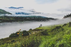 Dorf von Bhutan nahe dem Fluss an einem nebeligen Tag bei Punakha, Bhutan Lizenzfreies Stockfoto Dorf von Bhutan nahe dem Fluss an einem nebeligen Tag bei Punakha, Bhutan Lizenzfreies Stockfoto