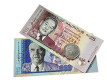 Dos billetes de banco y una moneda de Isla Mauricio. imagen de archivo libre de regalías Dos billetes de banco y una moneda de Isla Mauricio. imagen de archivo libre de regalías