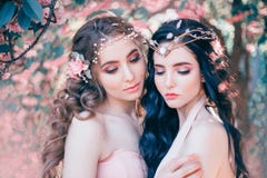 Dos duendes asombrosos con un primer apacible del maquillaje de la primavera Rubio y moreno con de largo, pelo sano, ondulado han fotografía de archivo Dos duendes asombrosos con un primer apacible del maquillaje de la primavera Rubio y moreno con de largo, pelo sano, ondulado han fotografía de archivo