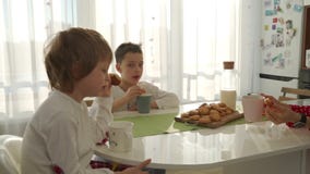 Dos muchachos que desayunan en cocina moderna El muchacho come la galleta con leche Tabla blanca en cocina La madre y dos hijos t almacen de video Dos muchachos que desayunan en cocina moderna El muchacho come la galleta con leche Tabla blanca en cocina La madre y dos hijos t almacen de video