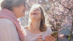 Dos mujeres están mirando una foto en un smartphone y están riendo feliz La madre y la hija están hablando mientras que se coloca metrajes Dos mujeres están mirando una foto en un smartphone y están riendo feliz La madre y la hija están hablando mientras que se coloca metrajes