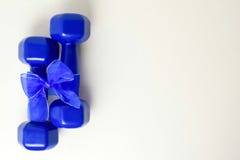 Dos pesas de gimnasia azules con el arco del regalo en el fondo blanco, el deporte y el concepto sano fotografía de archivo Dos pesas de gimnasia azules con el arco del regalo en el fondo blanco, el deporte y el concepto sano fotografía de archivo