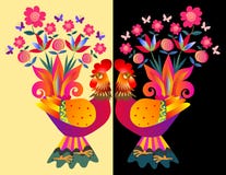 Dos pollos coloridos brillantes - floreros con las flores stock de ilustración Dos pollos coloridos brillantes - floreros con las flores stock de ilustración