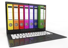Dossier in gegevensbestand. laptop met gekleurde ringsbindmiddelen vector illustratie Dossier in gegevensbestand. laptop met gekleurde ringsbindmiddelen vector illustratie