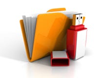 Dossier orange de bureau avec la commande rouge d'instantané d'USB Photos stock Dossier orange de bureau avec la commande rouge d'instantané d'USB Photos stock