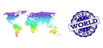Dot Spectrum Map van Wereld en Grunge-Zegelverbinding royalty-vrije illustratie Dot Spectrum Map van Wereld en Grunge-Zegelverbinding royalty-vrije illustratie