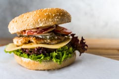 Double decker burger on wooden table gray background stock image Double decker burger on wooden table gray background stock image