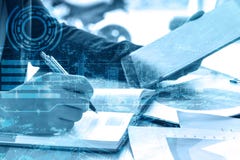 Double exposure businessman writes business plan with tablet stock images Double exposure businessman writes business plan with tablet stock images