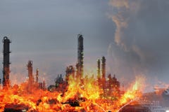 Double exposure of Fire and refinery plant , concept crisis a large oil refinery fire and emergency fire case. Stock Photos Double exposure of Fire and refinery plant , concept crisis a large oil refinery fire and emergency fire case. Stock Photos