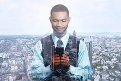 Double exposure of happy successful businessman using texting on smart phone royalty free stock images Double exposure of happy successful businessman using texting on smart phone royalty free stock images