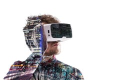 Double exposure. Man wearing virtual reality goggles. Night city stock image Double exposure. Man wearing virtual reality goggles. Night city stock image