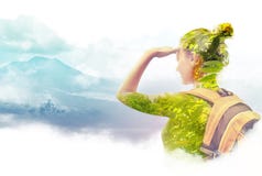 Double exposure portrait of young woman traveler looking at Batu royalty free stock photos Double exposure portrait of young woman traveler looking at Batu royalty free stock photos