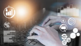 Double exposure of using laptop and new icon for modern business royalty free stock photography Double exposure of using laptop and new icon for modern business royalty free stock photography