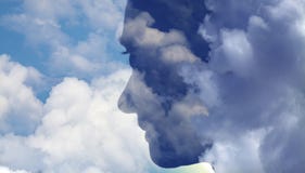 double exposure of woman head and sky -  mindfulness, meditation, mental health, depression