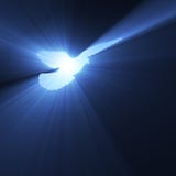 Dove flying with holy light flares