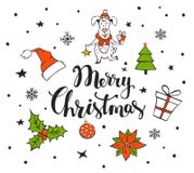 Dragen bakgrund för glad jul handskriven hand med xmas-objekt vektor illustrationer Dragen bakgrund för glad jul handskriven hand med xmas-objekt vektor illustrationer