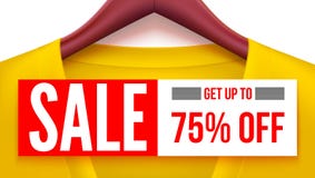 Drapeau de vente Habillement jaune avec l'étiquette accrochant sur des cintres Levez-vous à 75 pour cent outre de la publicité av illustration stock Drapeau de vente Habillement jaune avec l'étiquette accrochant sur des cintres Levez-vous à 75 pour cent outre de la publicité av illustration stock