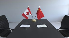 Drapeaux du Canada et de la Chine et papiers sur la table Négociations et signature d'un accord international 3D conceptuel illustration de vecteur Drapeaux du Canada et de la Chine et papiers sur la table Négociations et signature d'un accord international 3D conceptuel illustration de vecteur
