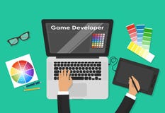 Draufsicht der Designerarbeitsplatzvektorillustration, sitzend auf Tabelle und zeichnen auf Stifttablette auf Laptop, Grafikdesig Lizenzfreie Stockfotos Draufsicht der Designerarbeitsplatzvektorillustration, sitzend auf Tabelle und zeichnen auf Stifttablette auf Laptop, Grafikdesig Lizenzfreie Stockfotos
