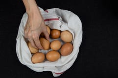 Draufsicht einer weiblichen Hand, die frisches Ei von einem weißen Stoff auf einer Tischplatte auswählt stockbilder Draufsicht einer weiblichen Hand, die frisches Ei von einem weißen Stoff auf einer Tischplatte auswählt stockbilder