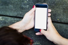 Draufsichtfrauentabelle Smartphoneschirm lizenzfreies stockfoto Draufsichtfrauentabelle Smartphoneschirm lizenzfreies stockfoto