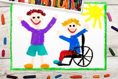 Drawing: Smiling boy sitting on his wheelchair. Disabled boy with a friend