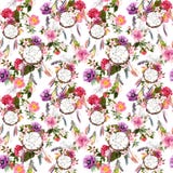 Dream catcher, flowers, feathers. Seamless pattern. Watercolor