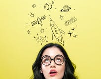 Dream of space and rocket with young woman stock photography Dream of space and rocket with young woman stock photography