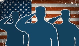 Drei Soldaten der AMERIKANISCHEN Armee, die auf backgrou der Schmutzamerikanischen flagge begrüßen stock abbildung Drei Soldaten der AMERIKANISCHEN Armee, die auf backgrou der Schmutzamerikanischen flagge begrüßen stock abbildung
