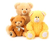Drie die stuk speelgoed teddyberen op witte achtergrond worden geïsoleerd stock foto's Drie die stuk speelgoed teddyberen op witte achtergrond worden geïsoleerd stock foto's