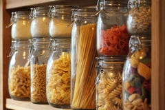 Dried pasta in jars on a shelf