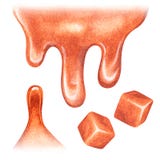 Drips and cubes of caramel. Watercolor illustration. Isolated on a white background. For design.