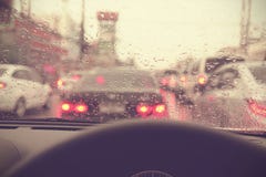 Driving On A Rainy In A City, View From Inside Stock Photo