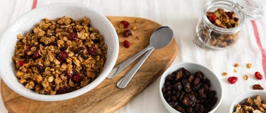 Droge ontbijtgraangewassen De knapperige kom van honingsgranola met lijnzaad, Amerikaanse veenbessen en kokosnoot Gezond, vegeter royalty-vrije stock afbeelding Droge ontbijtgraangewassen De knapperige kom van honingsgranola met lijnzaad, Amerikaanse veenbessen en kokosnoot Gezond, vegeter royalty-vrije stock afbeelding