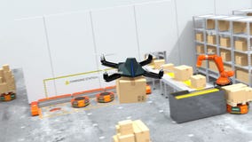 Drone delivery goods in modern warehouse