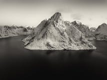 Drone photo - Sunrise over the mountains of the Lofoten Islands. Reine, Norway stock images Drone photo - Sunrise over the mountains of the Lofoten Islands. Reine, Norway stock images