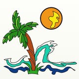 Drzewko Palmowe oceanu fala i pomarańcze słońce royalty ilustracja Drzewko Palmowe oceanu fala i pomarańcze słońce royalty ilustracja