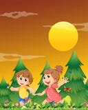 Duas crianças que jogam no jardim com as borboletas ilustração royalty free Duas crianças que jogam no jardim com as borboletas ilustração royalty free