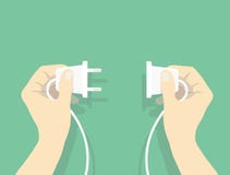 Duas mãos que tentam conectar junto a tomada elétrica, ilustração do vetor da conexão no estilo liso Imagem de Stock Royalty Free Duas mãos que tentam conectar junto a tomada elétrica, ilustração do vetor da conexão no estilo liso Imagem de Stock Royalty Free
