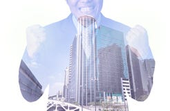 Dubbel exponering av affärsmannen med cityscape, moderna glass Busi royaltyfria bilder Dubbel exponering av affärsmannen med cityscape, moderna glass Busi royaltyfria bilder