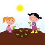 Due bambini felici che innaffiano e che piantano le piante illustrazione di stock Due bambini felici che innaffiano e che piantano le piante illustrazione di stock
