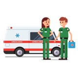Due lavoratori dei paramedici davanti all'automobile dell'ambulanza illustrazione vettoriale Due lavoratori dei paramedici davanti all'automobile dell'ambulanza illustrazione vettoriale