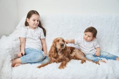 Due neonate, sorelle giocano sul sofà bianco con il cane rosso fotografia stock libera da diritti Due neonate, sorelle giocano sul sofà bianco con il cane rosso fotografia stock libera da diritti