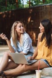 Due ragazze sorridenti che per mezzo del computer portatile al parco fotografia stock Due ragazze sorridenti che per mezzo del computer portatile al parco fotografia stock