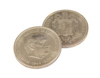 Due vecchie monete spagnole di 5 peseta che mostrano Franco fotografia stock libera da diritti Due vecchie monete spagnole di 5 peseta che mostrano Franco fotografia stock libera da diritti